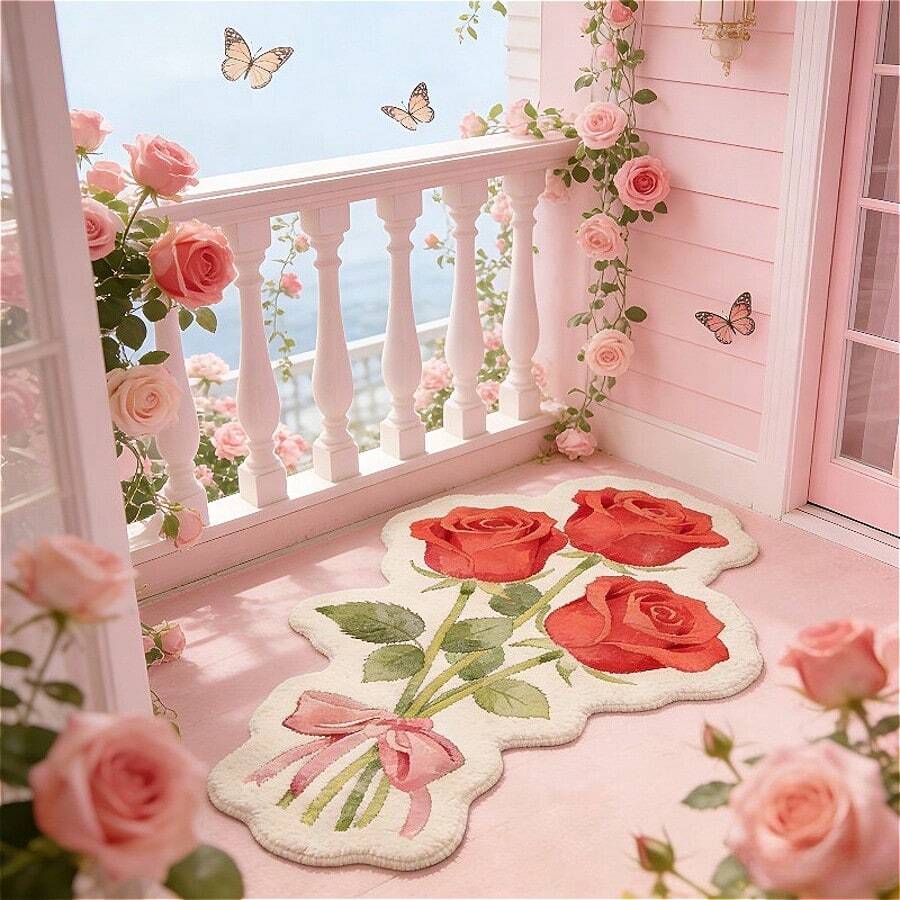 1pc Rose Flower Shaped Rug, Soft And Comfortable Bedroom Carpet, Washable Rug, Suitable For Front Door, Entryway, Hallway, Kitchen, Bedroom, Dorm, Dining Room, Skin-Friendly Rug, Living Room Carpet, Sofa Seat Rug, Area Rug, Creative Versatile Home Decor Rug, Large Living Room Rug, Bedroom Rug, Walk-In Closet Rug, Room Decor, Gift For Family And Friends - Multicolor - View 1