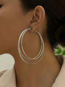 1 Pair Exaggerated Triple Layer Large Hoop Earrings, Minimalist Elegant Versatile Personalized Hip-Hop Ear Hoops - Silver - View 1