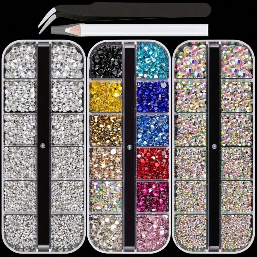 3 Boxes AB And Clear Mixed Color Flat Round Rhinestones, Multi-Size Glass Crystal Beads For DIY Nail Art - SB66-36 Grille - View 1