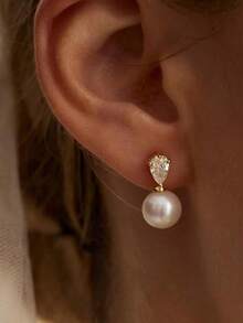1 Pair Luxury Pearl & Zirconia Earrings For Women, Fashion Commuter Versatile Ear Studs With Premium Feel - Gold - View 4