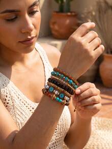 1 Set Bohemian Style Turquoise Coconut Shell Wooden Bead Elastic String Layered Bracelet Bangle - Multicolor - View 1