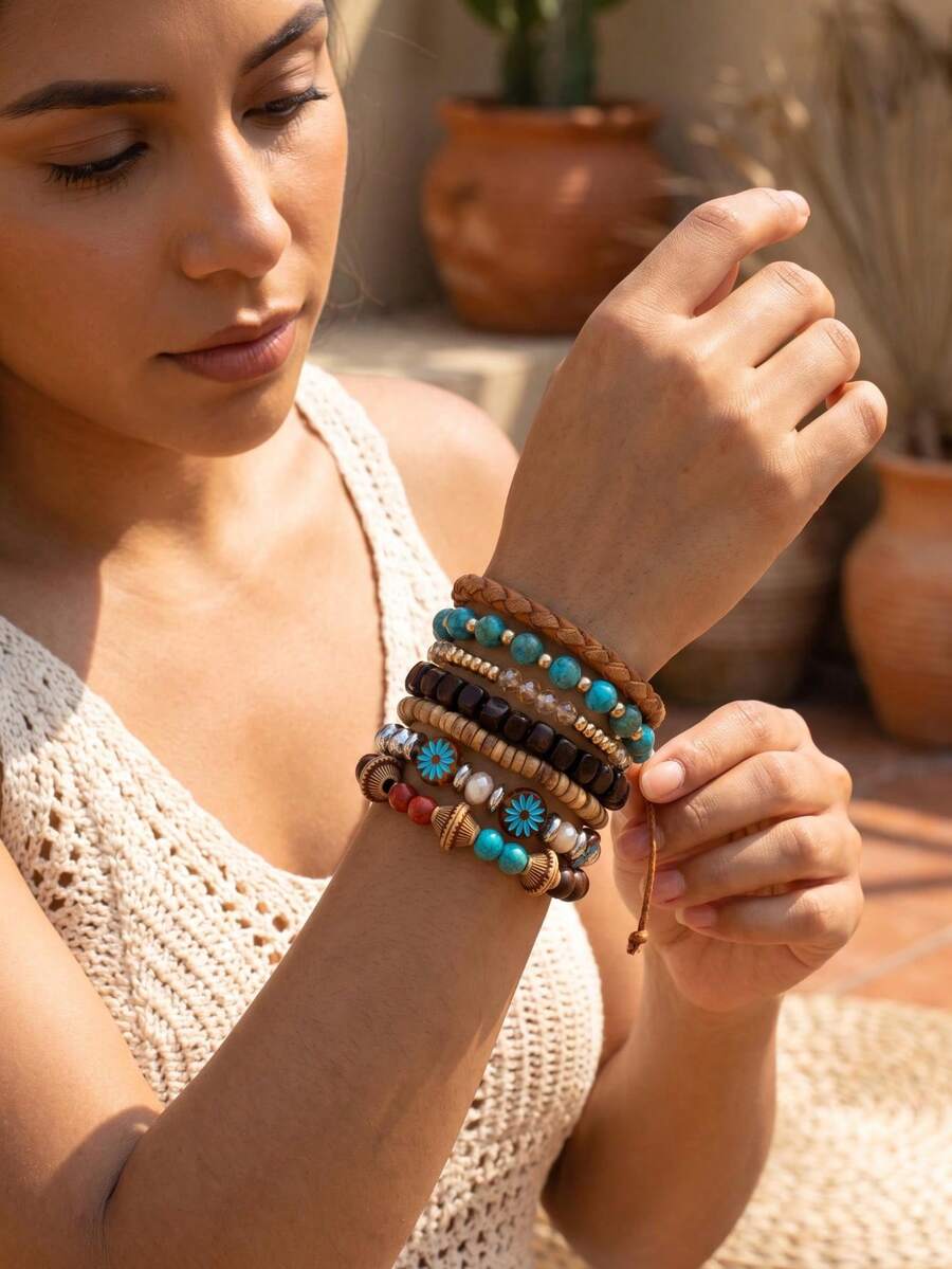 1 Set Bohemian Style Turquoise Coconut Shell Wooden Bead Elastic String Layered Bracelet Bangle - Multicolor - View 1