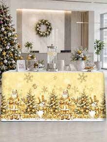1pc Christmas Table Skirt, Vintage Gold Santa Claus Snowman Xmas Tree Pattern Polyester Rectangle Xmas Table Cover 5 Hook-And-Loop Fasteners, Festive Winter Holiday Kitchen Dining Table Decor Christmas Decorations For Home Dessert Table Cabinet Decor - Golden Santa Claus - View 11