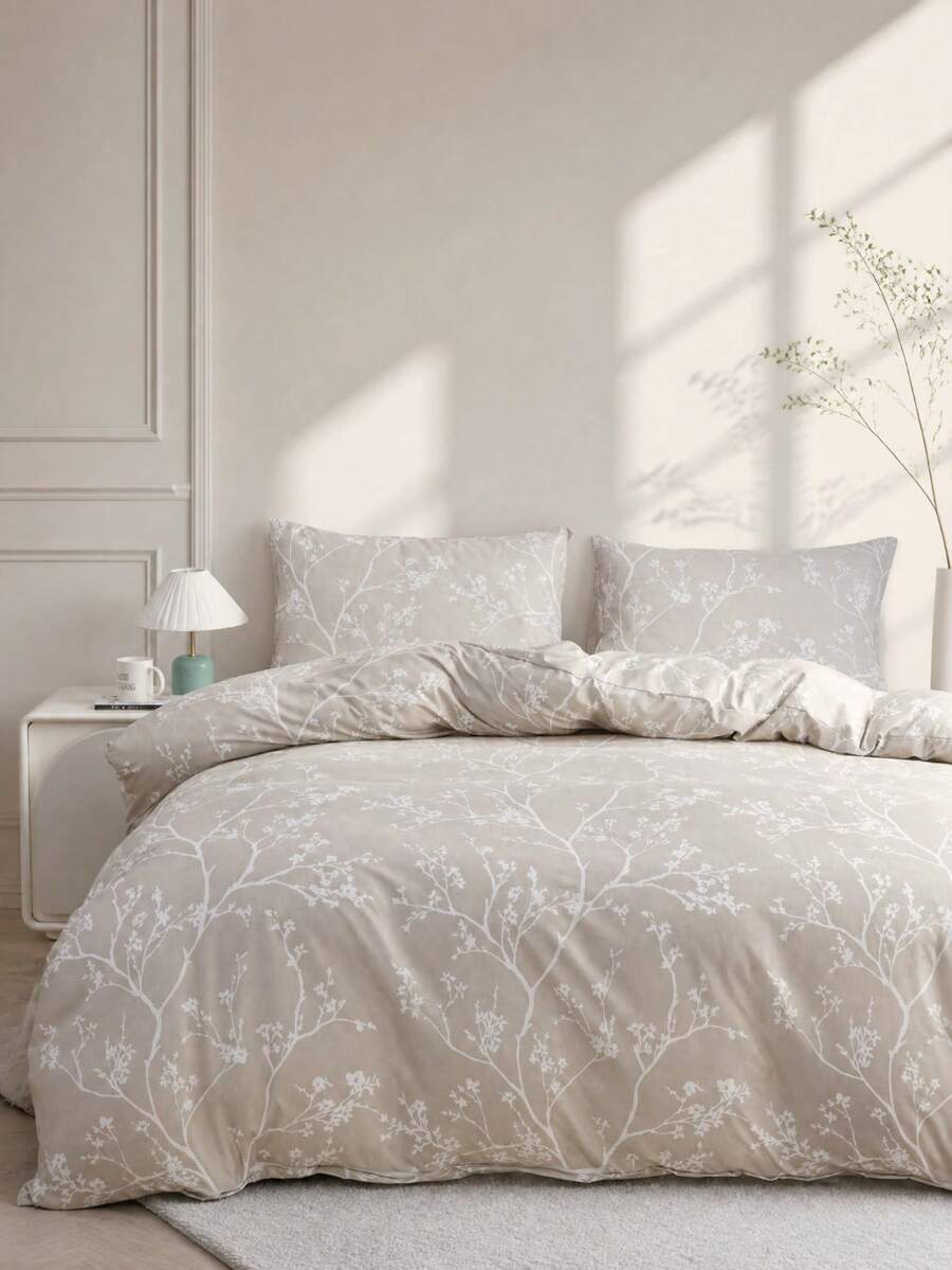 2/3pcs/Set Branch Leaf Floral Pattern Printing Bedding Duvet Cover Set Without Filler Breathable Super Soft All-Season Comforter Cover Sets (1pc*Duvet Cover + 1/2pcs*Pillowcase, No Pillow Core) - Khaki - View 1