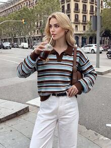 Nicenter Women's Fall Winter Brown Baby Blue Stripe Polo Collar Drop Shoulder Wool Blend Sweater, Casual Simple For Office Daily Home Date - Multicolor - View 10