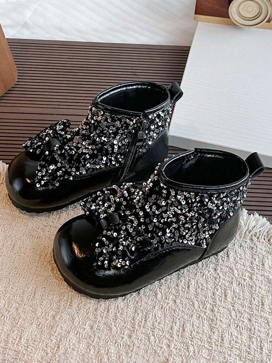 Girls' Silver Sequin Ankle Boots Princess Boots - Black - View 1