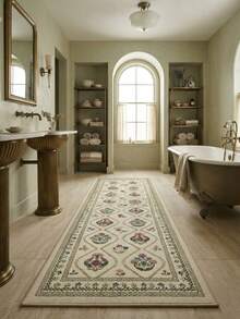 1PC Vintage Floral Diamond Pattern Cream White Long Runner Rug, French Classical Style Faux Cashmere Rectangular Symmetrical Bouquet Vine Border Machine Washable Long Mat, Suitable For Living Room, Hallway, Entryway Home Decor - Multicolor - View 6