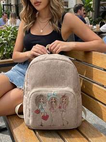 1 Piece Backpack, Women's Mini Backpack, Corduroy Girl School Bag, Travel Storage Bag, Character Printed Design, Large‑Capacity Foldable Easy‑To‑Store Bag, Lightweight & Pressure‑Relieving, Multi‑Pocket Layered Design With Zipper Closure - Girl 22954 - View 7