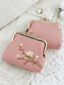 Fashionable Flower Embroidery Appearance, Multi-Functional And Compact Design With A Clip Opening And Closing, Portable Coin Purse And Card Bag - Pink - View 8