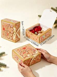 5PCS Christmas Gingerbread Man Flip Top Gift Boxes (With Bows), Size 4.53*4.53*1.97 Inches, For Candy, Jewelry Small Gifts Christmas Paper Packaging Boxes And Holiday Gift Packaging - View 5