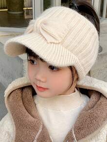 Children's Knitted Plush Letter Embroidered Short Brim Sun Hat, Unisex Warm Ear Protection Cap - Open-top Bow Knit - View 9