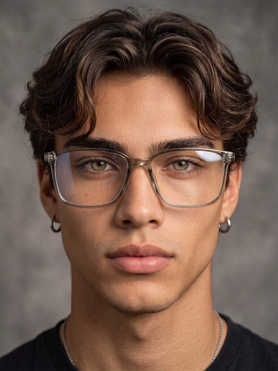 1 Pair Men's Grey-Green Square Frame Versatile Commuter Non-Prescription Glasses - Grey Green - View 1