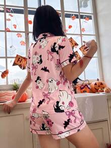 Women's Halloween Cartoon Ghost & Bow Turn Collar Short Sleeve Top And Shorts Pajama Set, Button-Up Casual Loungewear Suitable For All Seasons - Pink - View 5