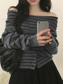 Women's Off-The-Shoulder Sweater, New Autumn/Winter Niche French Design, Soft And Comfortable Pullover Knit Top - Stripe - View 5