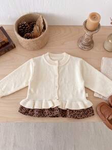 Cardigan Rajut Berenda Lembut Gaya Korea untuk Bayi Perempuan, Jaket Lengan Panjang Motif Leopard Cokelat Vintage untuk Beraktivitas di Luar Ruangan - Aprikot - View 3