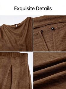 BIUBIU Fall Business Casual Plus Size Women Curve 2 Pieces Set Brown Asymmetrical Ruched Top And Wide Leg Non-Stretch Pants For Office Or Going Out - Brown - View 3