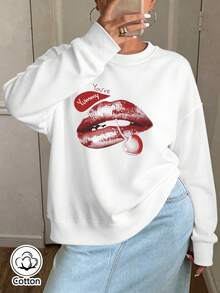 Women's Loose Fit Crew Neck Sweatshirt With Red Lips Print & 'You're Yummy' Slogan, Breathable Cotton, - White - View 1