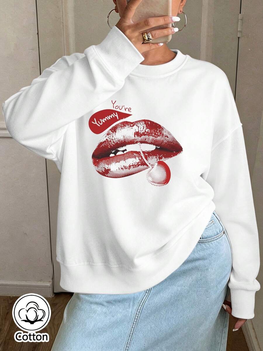 Women's Loose Fit Crew Neck Sweatshirt With Red Lips Print & 'You're Yummy' Slogan, Breathable Cotton, - White - View 1