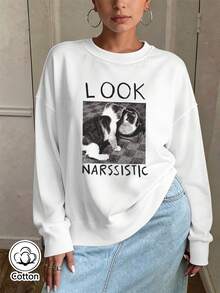 Women's Loose Fit Crew Neck Sweatshirt With Cat Print & 'Look Narssistic' Text, Casual Pullover, Breathable & Comfy For Spring/Autumn Daily Wear, - White - View 2