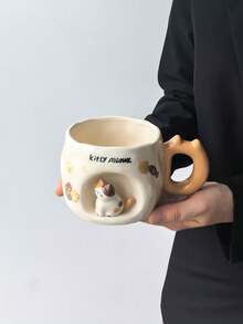 1pc Embossed Standing Cat Ceramic Mug, Personalized Creative Handmade Art Couple Mug, Breakfast Cup, Tea Cup, Coffee Cup - Perfect Birthday And Holiday Gift, Suitable For Home Use, Great Gift For Him - Multicolor - View 15