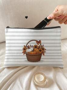 1pc Kids Stripes & Pumpkins Print Large‑Capacity Zipper Closure Portable Makeup Pouch,Lightweight Toiletry Organizer For Travel Daily Storage Or Gift - Multicolor - View 10