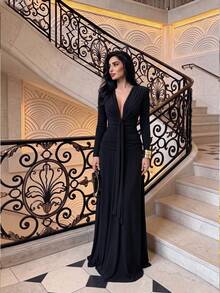 Women's Solid Color Long Sleeve Knitted Ruched Elegant Vintage Sexy Commute Party Autumn/Winter Dress - Black - View 2