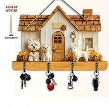 1pc 2D Flat Cozy Home & Puppy Theme Wooden Key Holder With 4 Metal Hooks, Wall Mount Key Storage Rack For Entryway, Villa, Room Decor - Multicolor - View 11