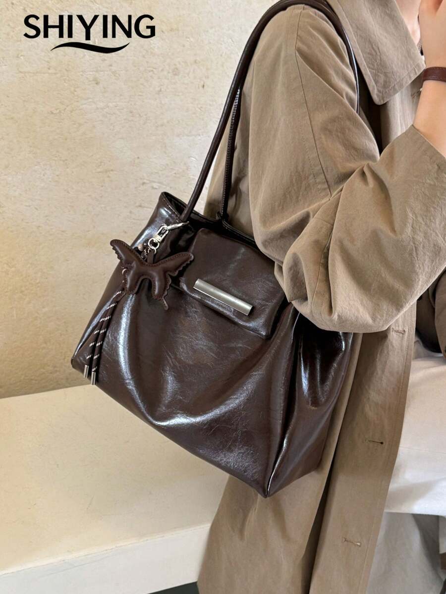 1pc Solid Color PU Leather New Women's Bag, Shoulder Bag, Fashion Large Capacity Tote Bag, Suitable For Commuting, Shopping, Dating