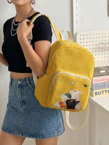 1 Piece Backpack, Women's Mini Backpack, Corduroy Girl School Bag, Travel Storage Bag, Kitten Printed Design, Large‑Capacity Foldable Easy‑To‑Store Bag, Lightweight & Pressure‑Relieving, Multi‑Pocket Layered Design With Zipper Closure - Four Little Cats 3334073 - View 3