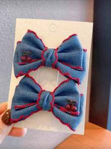 2pcs Cherry Denim Bow Hair Clips, Various Styles, Exquisite And Cute, Suitable For Creating Princess Style Bangs Hair Accessories - Multicolor - View 4