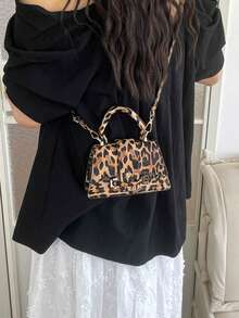 Y2K Leopard Print Mini Handbag, Fashionable Top Handle Bag, Vintage Small Tote With Detachable Shoulder Strap, Stylish Crossbody Bag For Party And Daily Wear - Multicolor - View 11