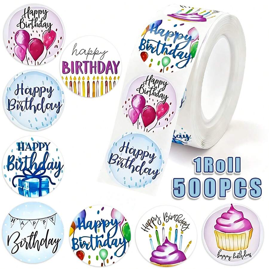 500張/捲 生日快樂貼紙 藍色生日標籤 DIY創意塗鴉貼紙 手繪氣球蛋糕蠟燭卡通趣味貼紙 適用於剪貼簿、計畫本、信封、卡片裝飾、封口標籤、禮物包裝、生日派對信封剪貼簿用品 自黏裝飾貼紙 - 彩色 - 查看 1