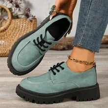 Sepatu Loafer Wanita Sol Tebal Ringan Nyaman Bertali Ujung Bulat Musim Semi Musim Gugur Baru Serbaguna Sepatu Hak Tebal Gaya Retro Inggris Sepatu Kulit Kecil untuk Perjalanan Sehari-hari - Mint Blue - View 1