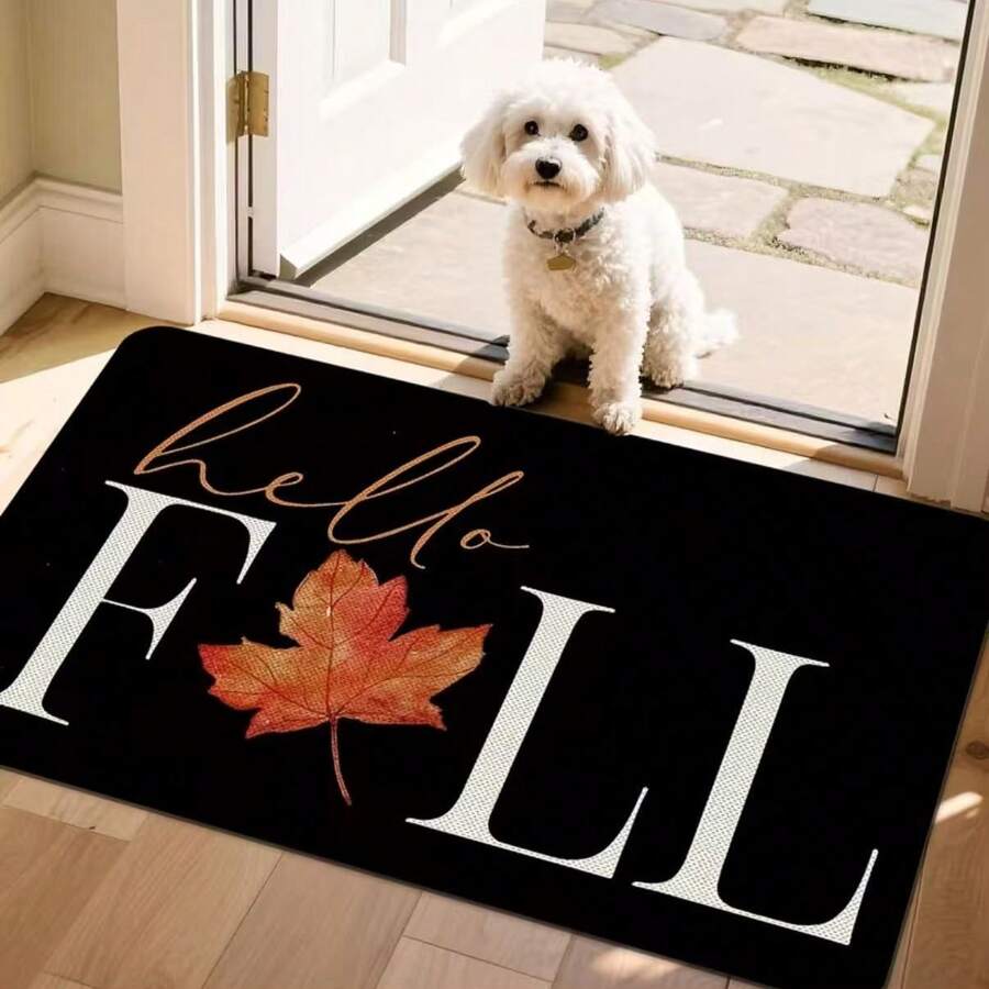 (JIT Product) 1pc Autumn Thanksgiving Maple Leaf Theme Rectangular Welcome Doormat, Non-Slip Washable Polyester Doormat, Flannel Material Non-Slip Soft Comfortable Easy To Clean, Suitable For Doorway, Hallway, Bedroom, Living Room, Entryway, Laundry Room, RV - Black - View 1