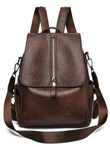 New Large Capacity Color Blocked Backpack High-Quality Soft PU Leather Shoulder Bag Fashionable Avant-Garde Women's Bookpack - Coffee - View 4