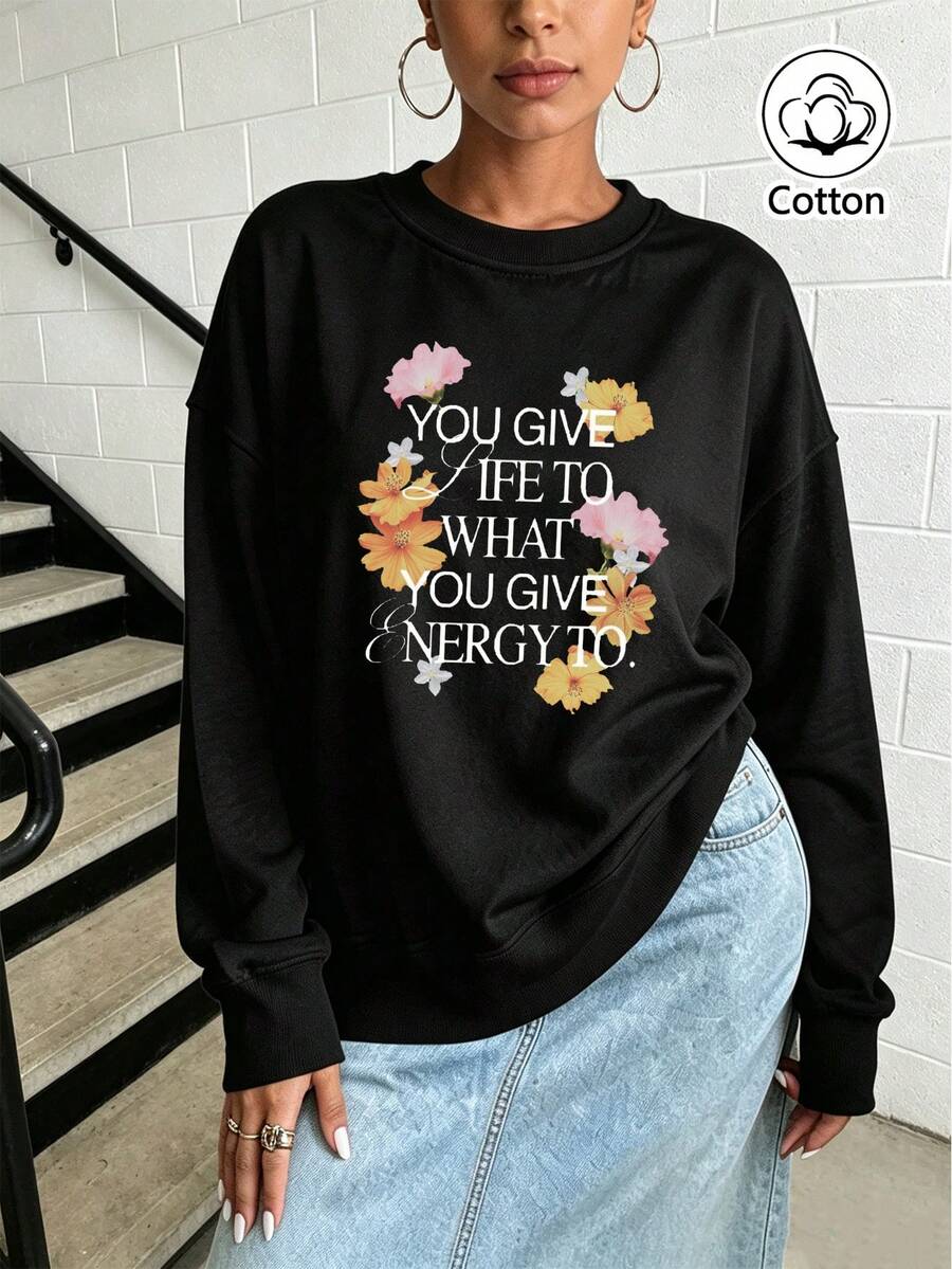Women's Loose Fit Crew Neck Sweatshirt With Floral Print & Letter Graphic, Breathable Casual Pullover For Spring & Autumn Daily Wear - Black - View 1