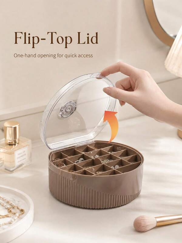 Round Ribbed Jewelry Organizer Box With Flip Top Clear Lid, Divided Compartment Earring Ring Storage Case, Portable Dustproof Transparent Jewellery Holder For Dresser Vanity Desktop Home Decor