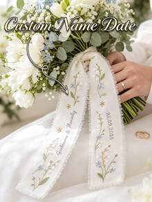 Personalized Wedding Bouquet Ribbon - Customizable Name And Date Floral Tapestry, Perfect For Bridal Shower, Birthday And Graduation Ceremony - Made Of Polyester, Elegant Design, Ideal For Wedding Guest Gifts And Celebration Decor, Sophisticated Style, Exquisite Craftsmanship. - Multicolor - View 2