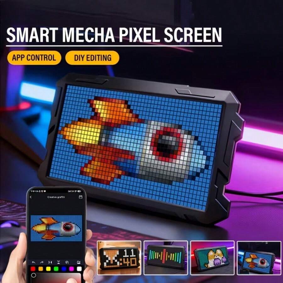 24x48 LED Pixel Art Display, USB Powered Gaming Desk Decor With App Pixel Display, Pixel Clock, Programmable Led, Desk Wall Mount, Gamer Gifts, Decor For Game Room, Bedroom - Black - View 1