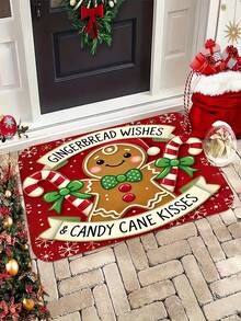 1pc Christmas Candy Man And Candy Cane Pattern Welcome Doormat, Machine Washable, Faux Cashmere Material, Suitable For Bathroom, Living Room, Bedroom, Kitchen, Office, Home Decor, Christmas Holiday Party Decoration - A - View 2