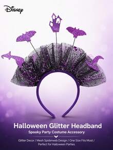 Disney Halloween Spooky Headband, Purple Spider Web Tulle Sequin Witch Hat, Bat & Haunted House Decor, Party Costume Hair Accessory - A - View 1