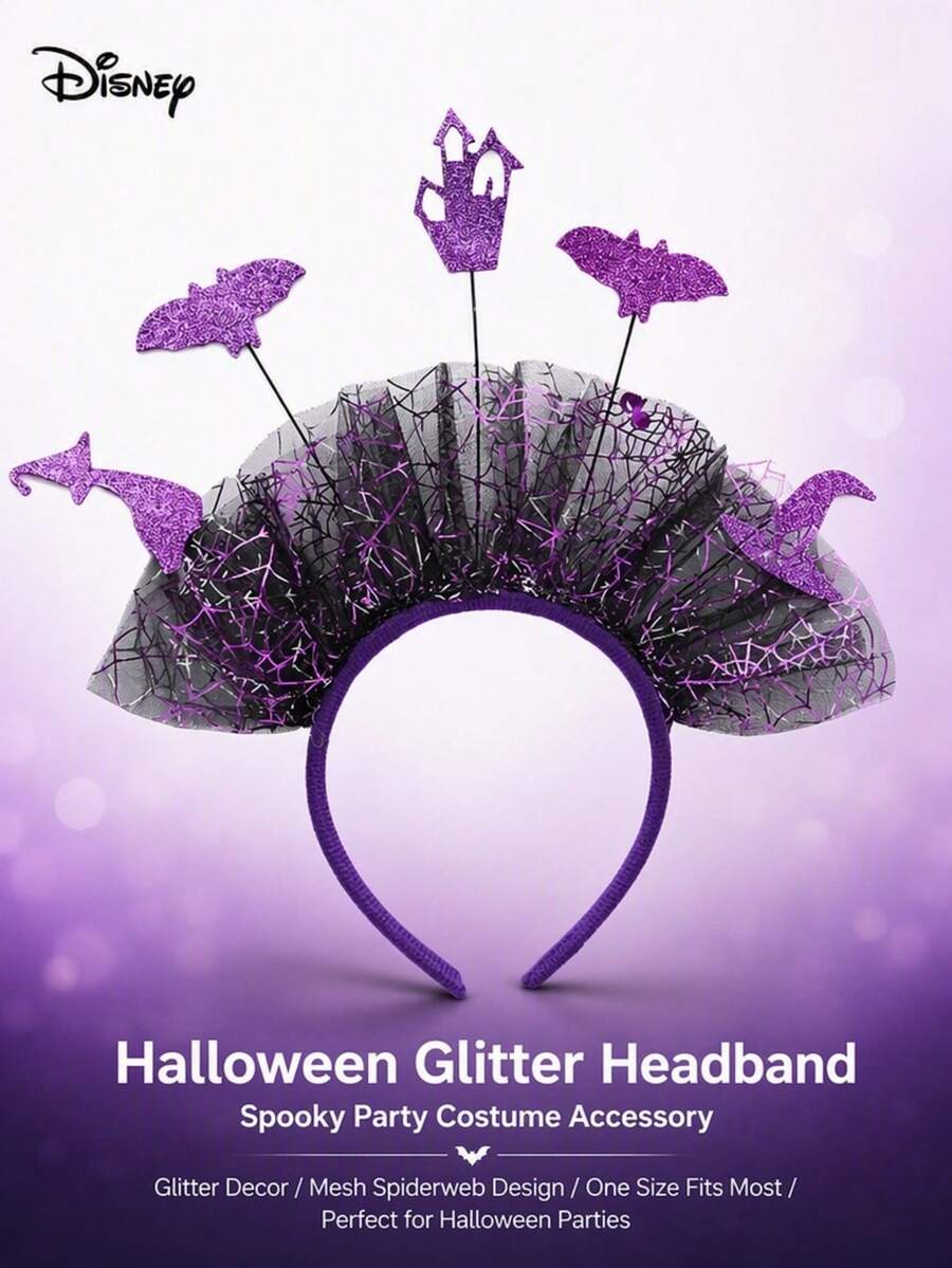 Disney Halloween Spooky Headband, Purple Spider Web Tulle Sequin Witch Hat, Bat & Haunted House Decor, Party Costume Hair Accessory - A - View 1