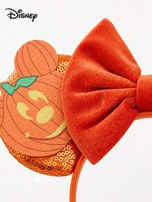 Disney Halloween Minnie Mouse Ear Headband, Pumpkin Pattern Sequin Ears With Plush Plush Bow, Halloween Party Holiday Hair Accessory - A - View 4