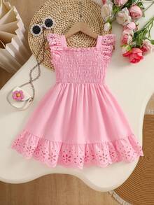 Girls' Summer Solid Color Dress, Sweet Vintage Style, Exquisite Hollow Out Detail Design, Perfect For Daily Wear Or Photo Shoots - Pink - View 1