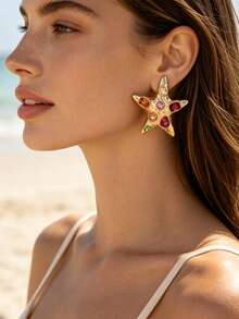 1 Pair Classic Exaggerated Gold & Multicolored Rhinestone Pentagram Earrings, Suitable For Women's Parties And Daily Wear - Multicolor - View 8