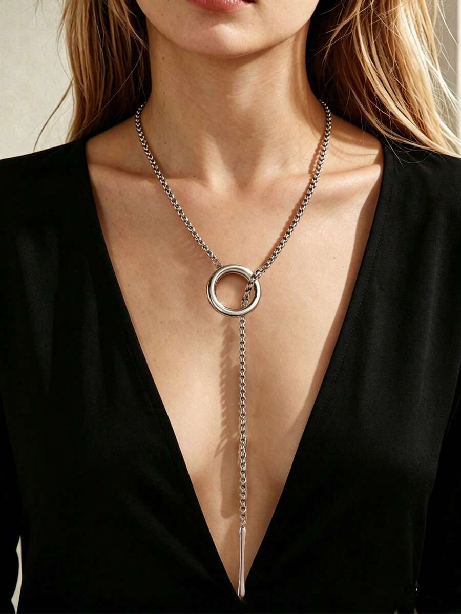 GEREIT 1 buah Kalung Panjang Tarik Cincin Bulat Minimalis Warna Perak Stainless Steel, Rantai Tebal Metalik Gaya Dingin Bentuk Y, Aksesori Niche Serbaguna - MultiWarna - View 1