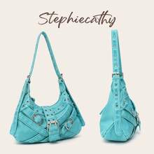 STEPHIECATHY Women's Shoulder Bag Retro Brush Off Color Washed PU Vegan Leather Buckle Belts Metal Eyelets Decoration Punk Y2K Style Adjustable Strap Hobo Handbag - Multicolor - View 11