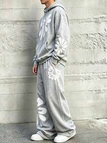 HEYKESON Men's Floral Print Hoodie & Wide Leg Sweatpants 2 Pieces Loose Fit Sports Set - Light Grey - View 4