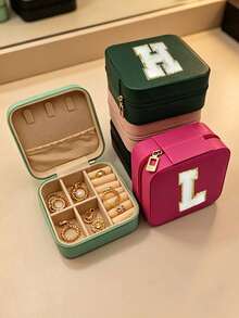 1pc PU Leather Jewelry Box, Large Capacity Jewelry Storage Box, Embroidered Letter Jewelry Organizer, Portable Travel Jewelry Storage Box, Suitable For Rings, Necklaces, Earrings, Etc., Travel Essential, Holiday Makeup Bag. - Multicolor - View 7