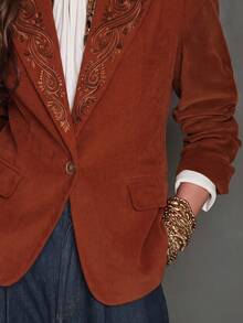 Women's Elegant Fashion Solid Color Pattern Embroidered Detail Lapel Pocket Long Sleeve Jacket, Office Daily Casual Commute Autumn Winter Christmas Halloween Outfit Blazer - Rust Orange - View 6